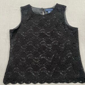 Karen Scott Petites Blouse PM Black Floral Crochet Sleeveless Lined Hook&Eye